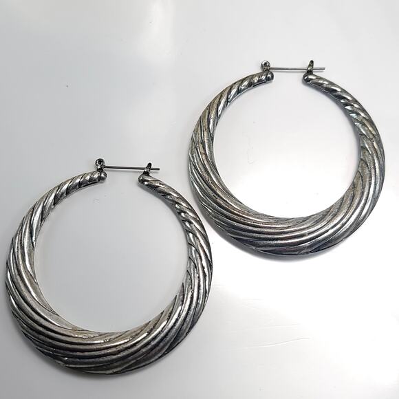 Vintage Textured Silver Hoop Earrings, Bold Large Statement Hoops for Women - Picture 9 of 10
